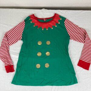 Christmas Elf Shirt Womens XL Holiday Costume Top Green Red Striped Sleeve